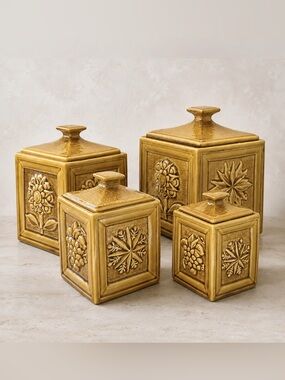 Vintage Royal Sealy Japan 4-Piece Ceramic Canister Set Mustard Gold MCM Kitchen